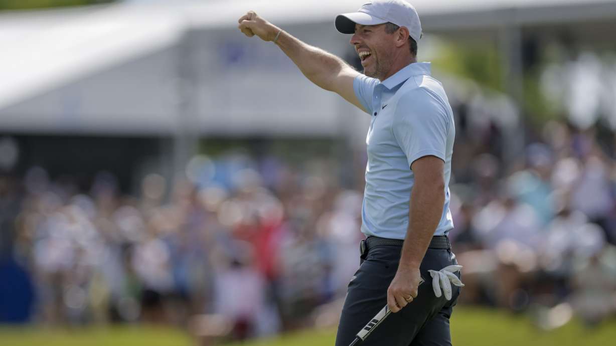 Masters champion Rory McIlroy celebrates after knocking in an eagle putt on the 18th hole during the Zurich Classic at TPC Louisiana in Avondale, Saturday, April 26, 2025.