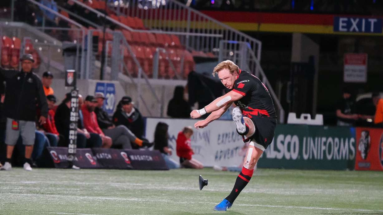 Utah Warriors flyhalf Joel Hodgson kicks a penalty conversion during Utah's 41-31 win over Chicago in a Major League Rugby match, Saturday, April 26, 2025 at Zions Bank Stadium in Herriman.