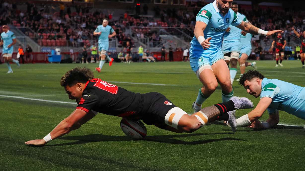 Utah Warriors wing Joey Mano scores one of three tries during Utah's 41-31 win over Chicago in a Major League Rugby match, Saturday, April 26, 2025 at Zions Bank Stadium in Herriman.