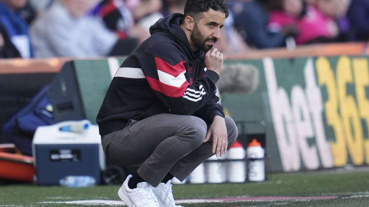 Manchester United manager Ruben Amorim reacts during the English Premier League match at Vitality Stadium, Bournemouth, England, Sunday, April 27, 2025.