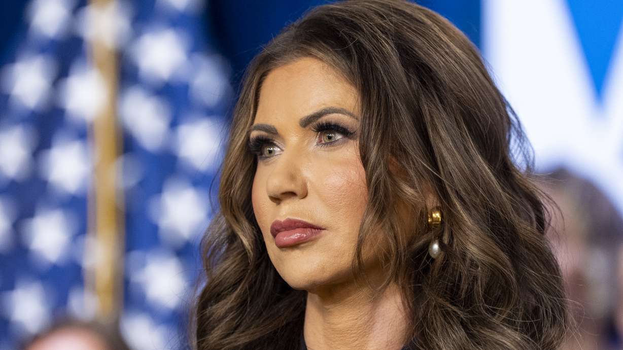 Homeland Security Secretary Kristi Noem speaks during a news conference at the Immigration and Customs Enforcement headquarters, April 9, in Washington. A suspect has been arrested in the theft of Noem's purse.