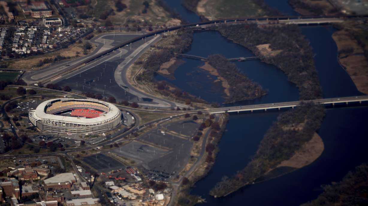 FILE - RFK Stadium is visible from Air Force One as it takes off from Andrews Air Force Base, Md., Nov. 29, 2017.