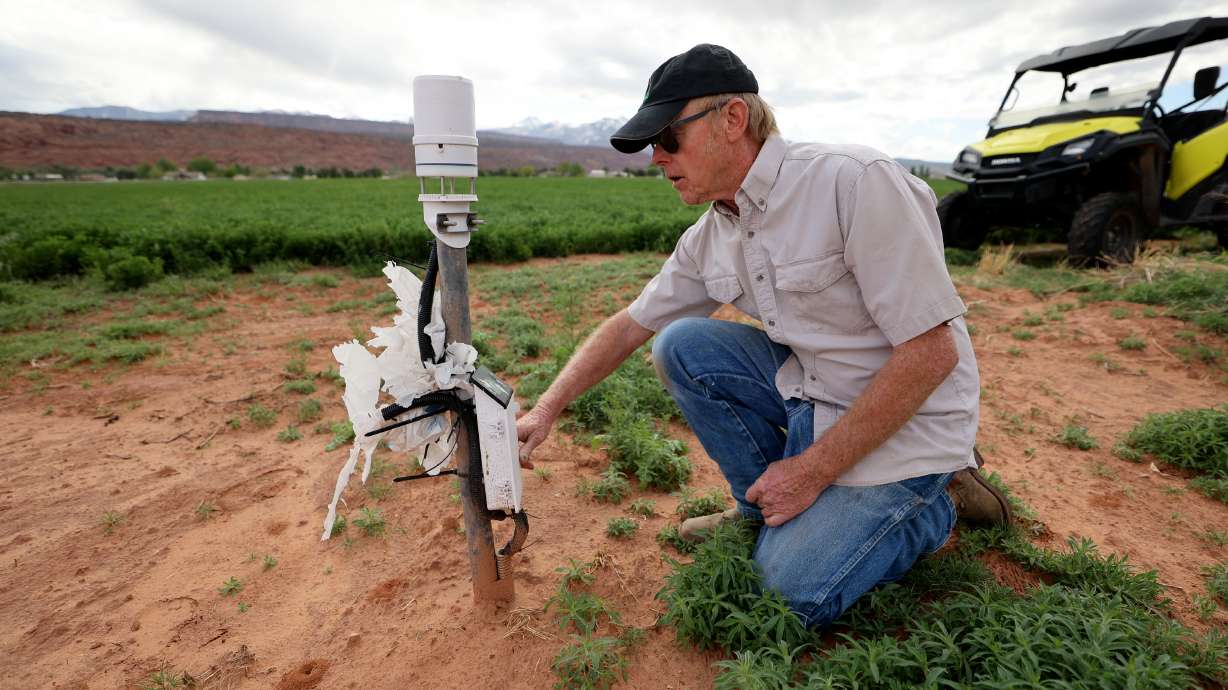 Gary Wilson shows a moisture meter and weather station for conservation on his farm south of Moab in Grand County on Friday. A pilot project to help the Colorado River is seeing some farmers signing up.