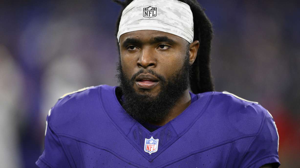 FILE - Baltimore Ravens wide receiver Diontae Johnson (18) looks on before an NFL football game against the Cincinnati Bengals, Nov. 7, 2024, in Baltimore.