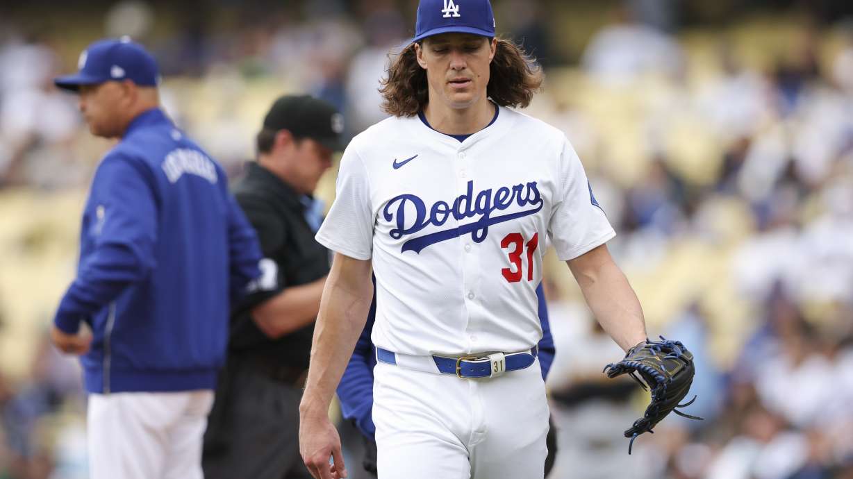 Los Angeles Dodgers pitcher Tyler Glasnow (31) exits during the second inning of a baseball game against the Pittsburgh Pirates in Los Angeles, Sunday, April 27, 2025.