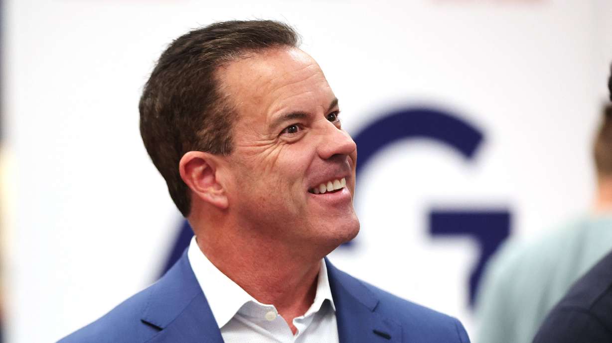 Brad Wilson talks with attendees at the Lincoln Day GOP fundraising dinner at UVU in Orem on March 16, 2024. Wilson has been named the chairman of 47G, Utah's defense and aerospace association.