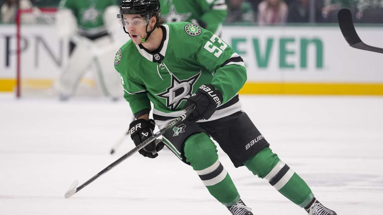 Dallas Stars center Wyatt Johnston skates against the Utah Hockey Club during the first period of an NHL hockey game Saturday, April 12, 2025, in Dallas.