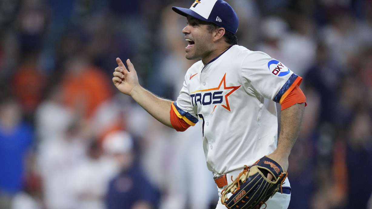 Houston Astros left fielder Jose Altuve celebrates after a baseball game against the Los Angeles Angels, Sunday, April 13, 2025, in Houston.
