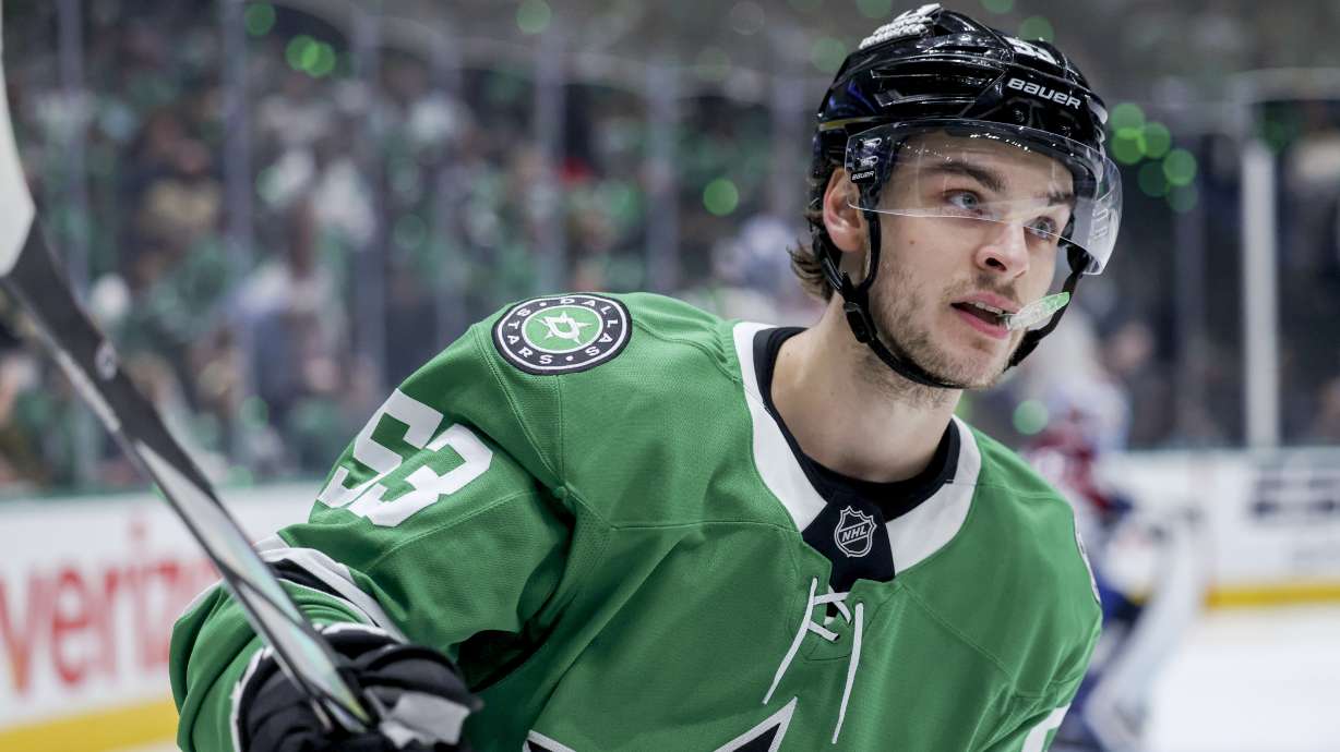 Dallas Stars center Wyatt Johnston skates after scoring during the first period of Game 5 of a first-round NHL hockey playoff series against the Colorado Avalanche in Dallas, Monday, April 28, 2025.