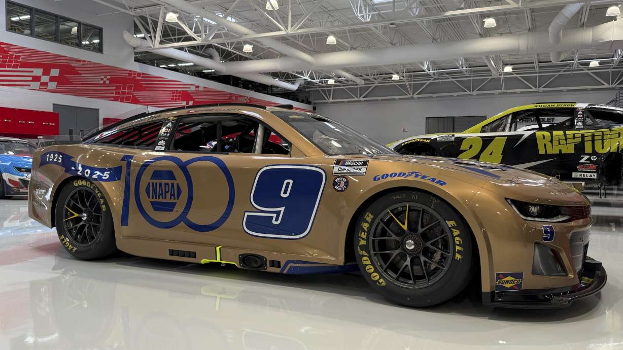 This image provided by Hendrick Motorsports shows a gold car Chase Elliott will run at Texas Motor Speedway in honor of Napa’s 100th anniversary.