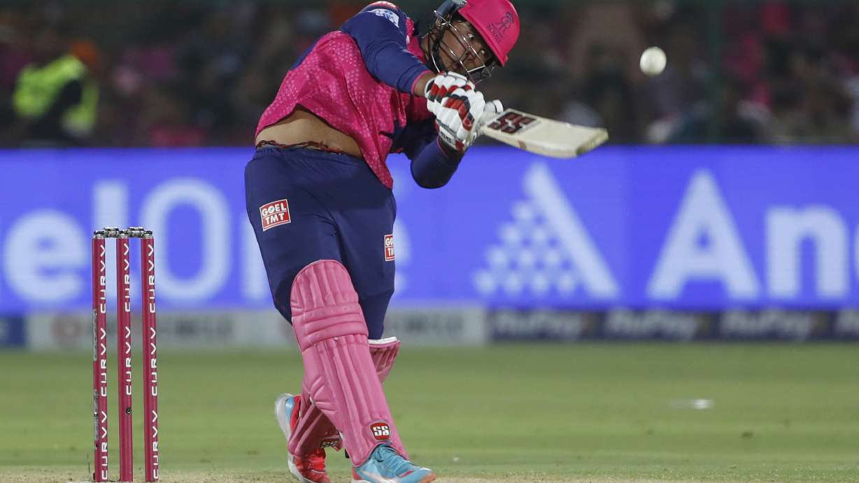 Rajasthan Royals' Vaibhav Suryavanshi hits a boundary during the Indian Premier League cricket match between Rajasthan Royals and Gujarat Titans at Sawai Mansingh Stadium in Jaipur, India, Monday, April 28, 2025.
