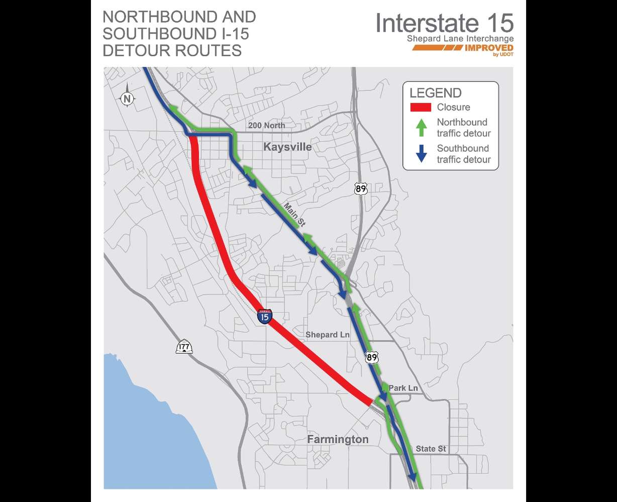 I-15 will face on-and-off closures this week between Kaysville and Farmington starting at 10 p.m. through Friday to accommodate the Shepard Lane interchange project.
