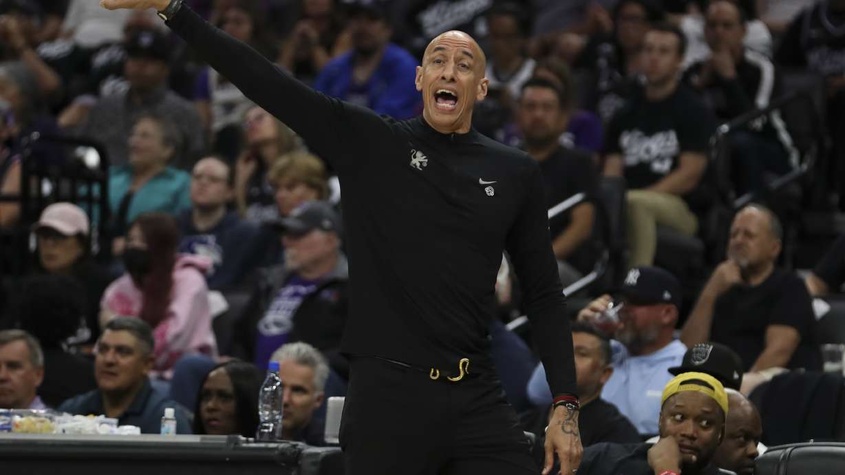 Sacramento Kings interim head coach Doug Christie reacts during the first half of an NBA basketball game Sunday, April 13, 2025, in Sacramento, Calif.