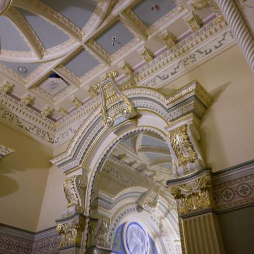 Finishing work is underway on the ceiling of an original sealing room in the Salt Lake Temple on April 22.