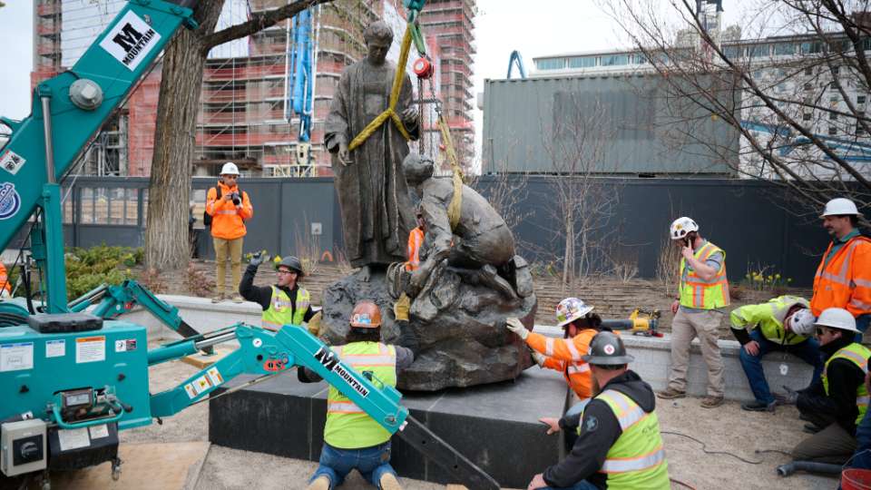 “Joseph Smith Receives the Plates,” created by Leroy Transfield, is placed on the southwest corner of Temple Square on March 29.