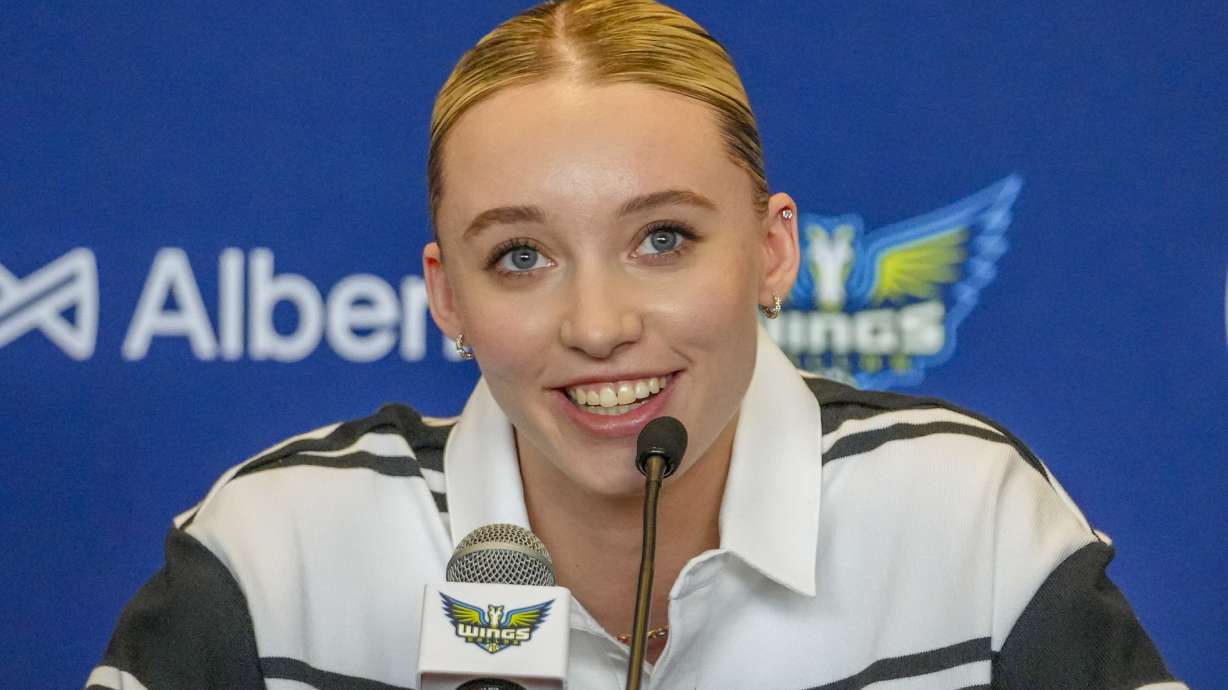 Dallas Wings' Paige Bueckers, selected No. 1 overall in the WNBA basketball draft, speaks during an introductory press conference Wednesday, April 23, 2025, in Dallas.