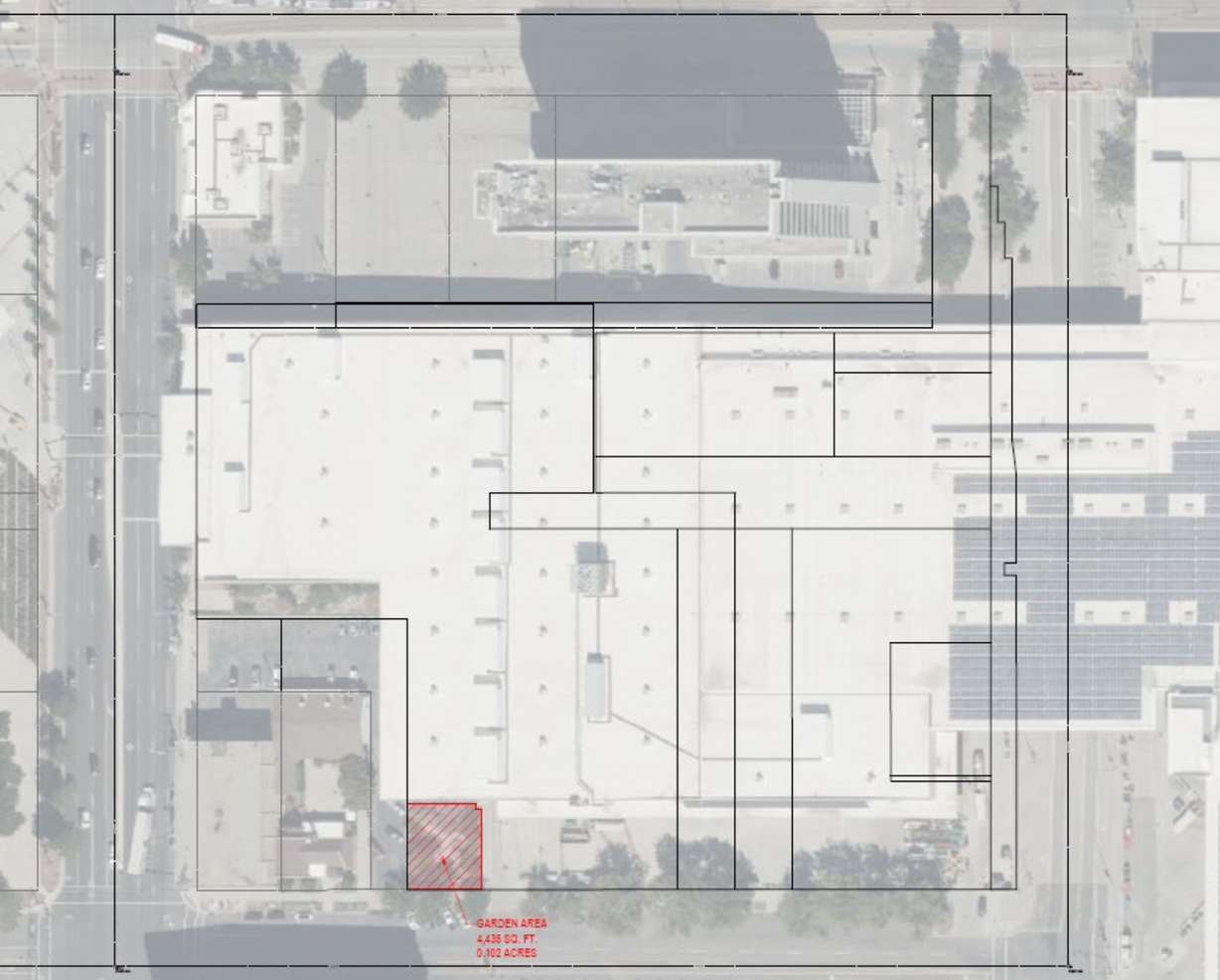 This card shows the plots of the Salt Palace Convention Center that Salt Lake County agreed to sell to the Smith Entertainment Group. Red size is a garden not included in the agreement.