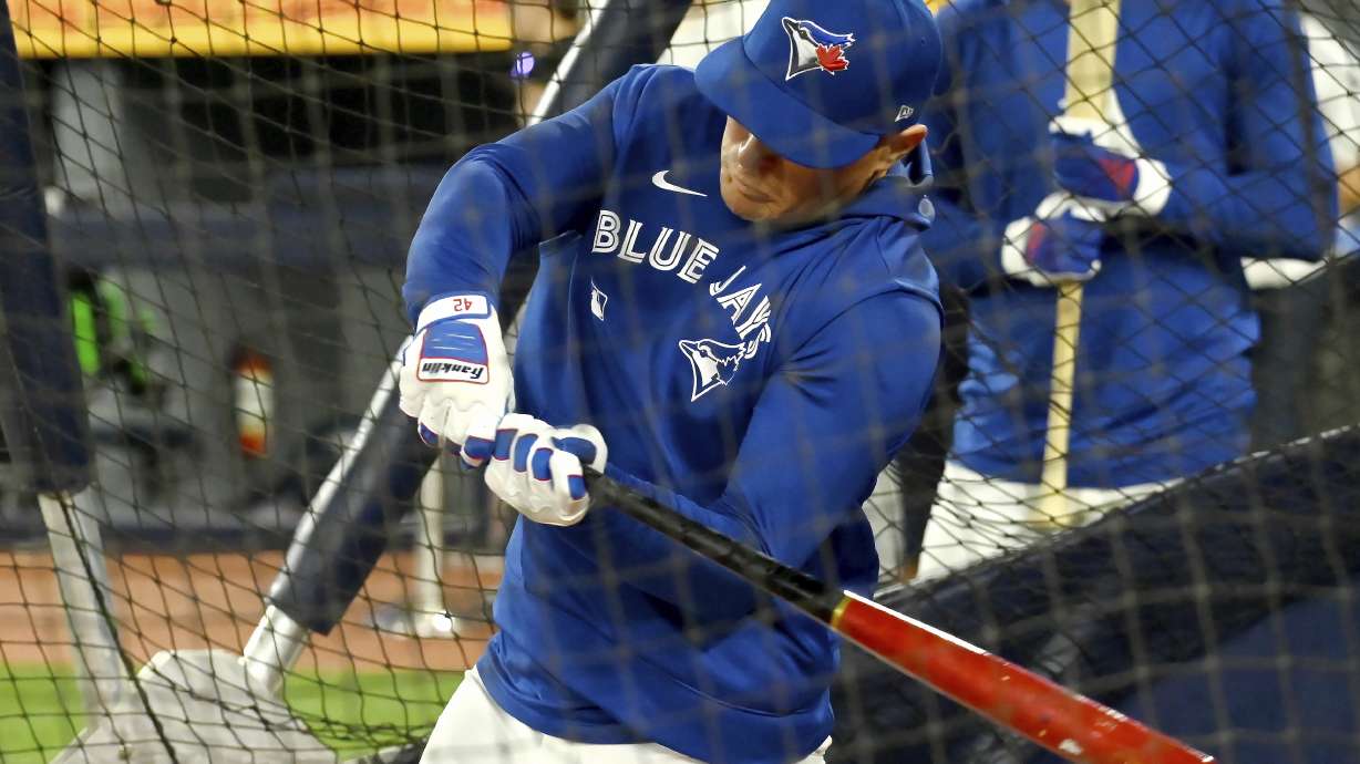 Toronto Blue Jays centre fielder Daulton Varsho takes batting practice before the American League baseball game against the Boston Red Sox in Toronto on Tuesday, April 29, 2025.
