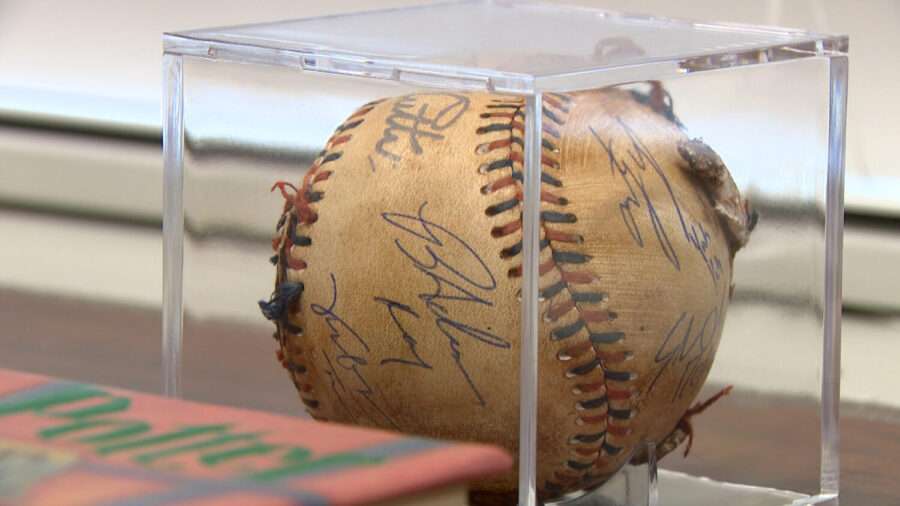 Baseball signed the cast of "The Sandlot," with teeth marks worked in.