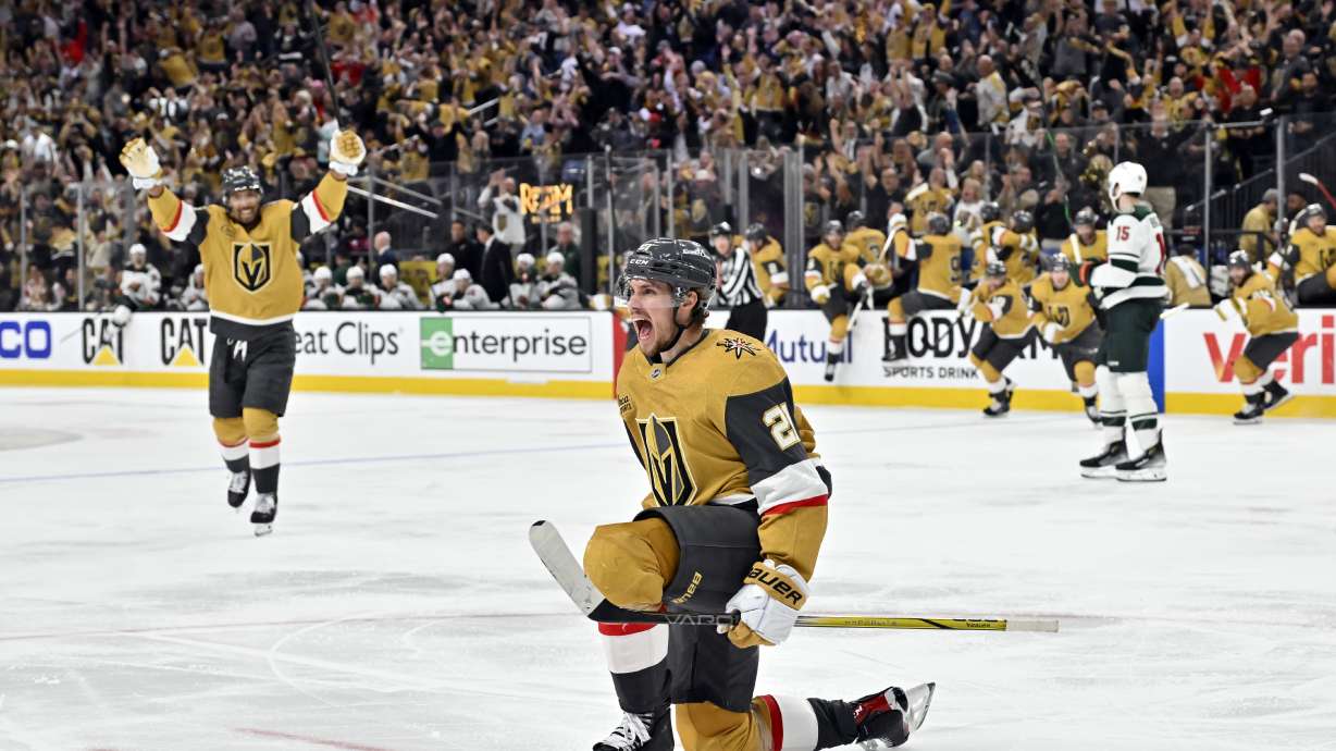 Vegas Golden Knights center Brett Howden (21) reacts after scoring the winning goal against the Minnesota Wild during overtime of Game 5 of a first-round NHL hockey playoff series against the Minnesota Wild, Tuesday, April 29, 2025, in Las Vegas.
