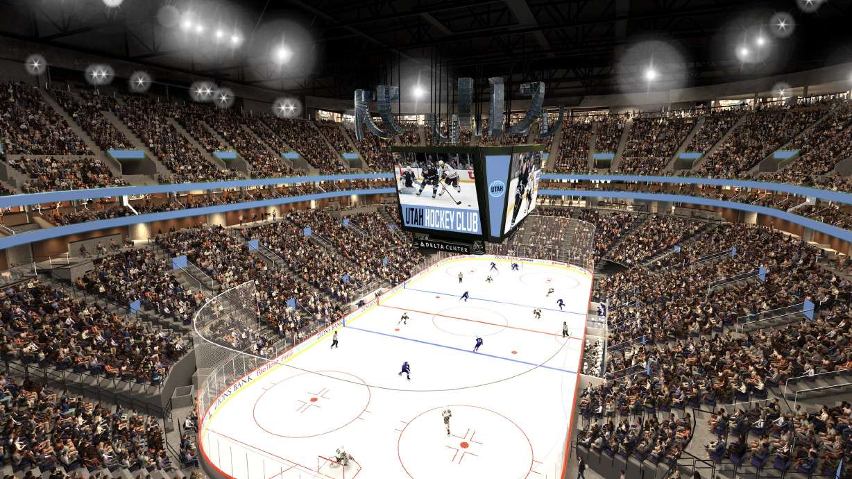 A rendering of the planned Delta Center lower bowl during Utah Hockey Club games beginning next season. This summer's renovations are now underway.