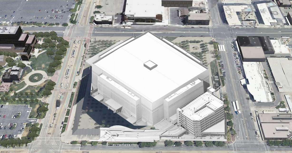 An artist rendering of a new 450-stall parking garage outside of the Delta Center. Construction is set to begin this summer, but isn't expected to be ready this season.