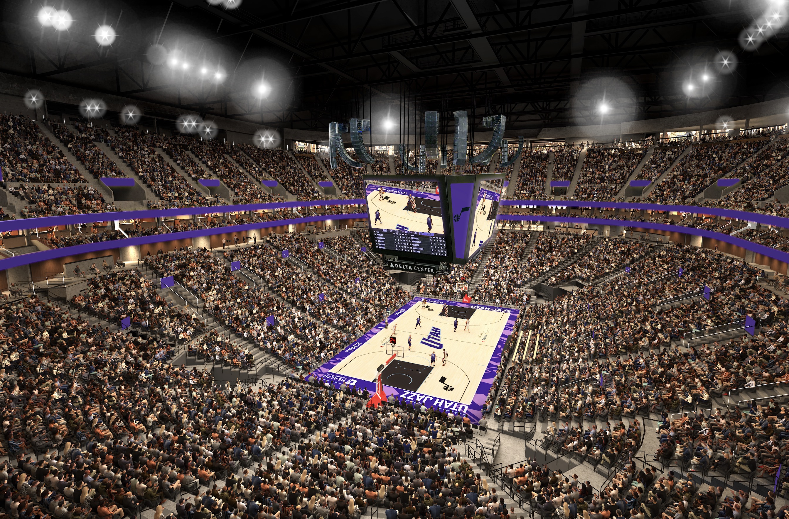 A rendering of the planned Delta Center lower bowl during Utah Jazz games beginning next season.