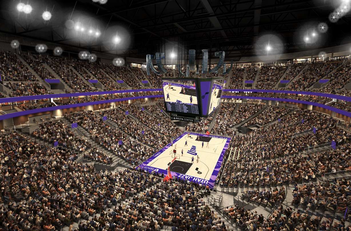A rendering of the planned Delta Center lower bowl during Utah Jazz games beginning next season.