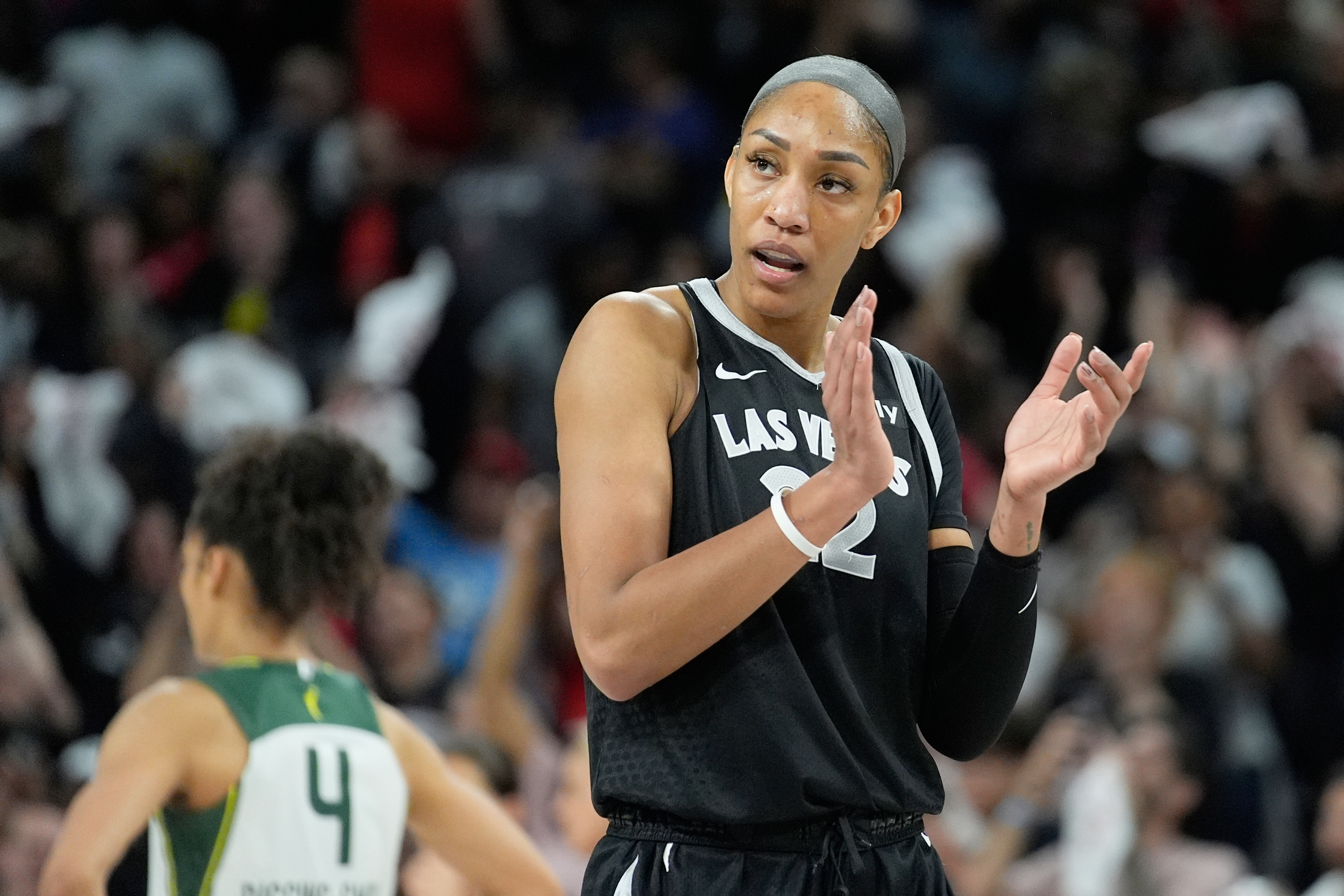 FILE - Las Vegas Aces center A'ja Wilson (22) plays against the Seattle Storm in Game 2 of a WNBA basketball first-round playoff game Tuesday, Sept. 24, 2024, in Las Vegas.
