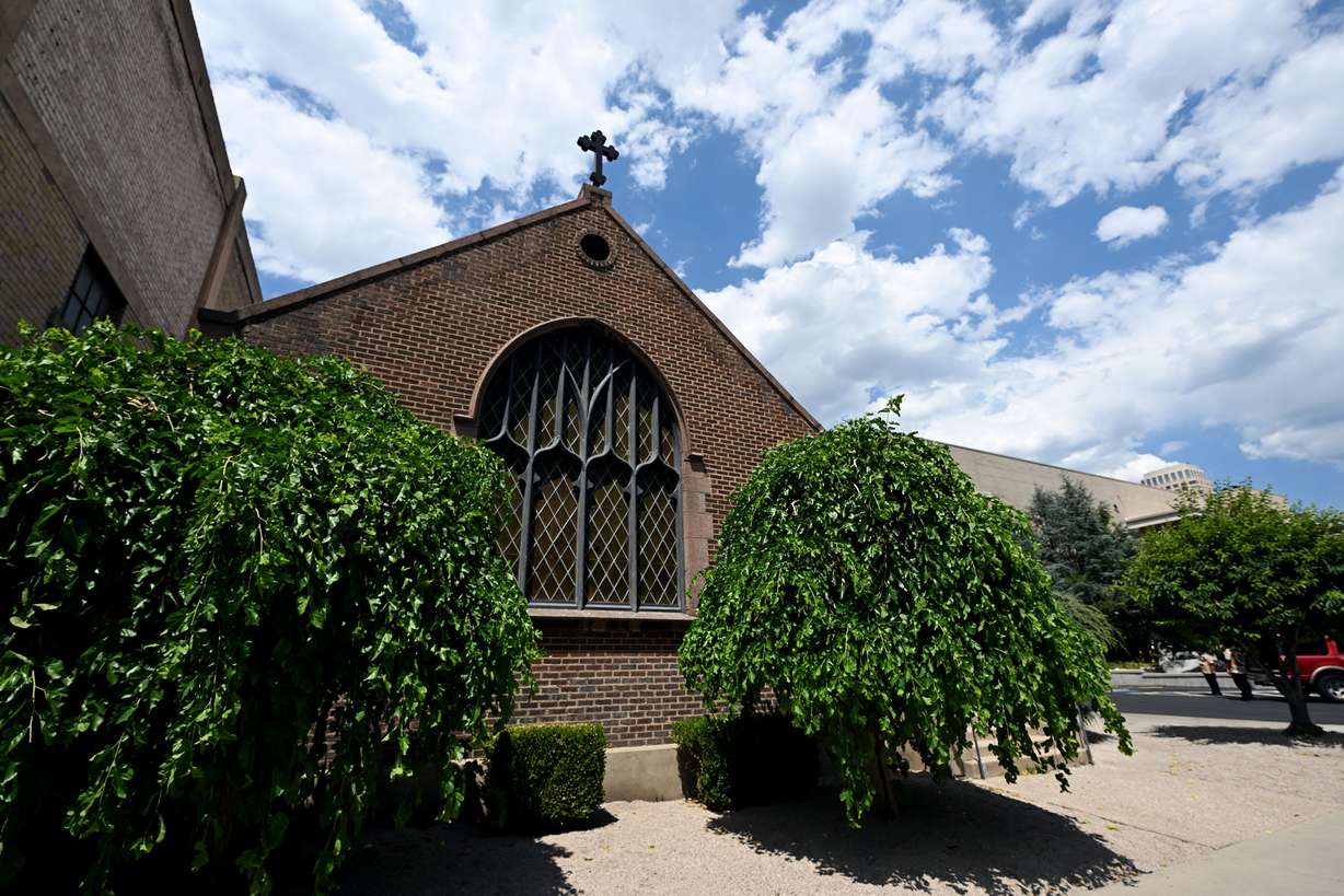 Japanese Church of Christ is pictured on July 14, 2024. The western end of the Salt Palace Convention Center, which is slated to be demolished, can be seen in the background.