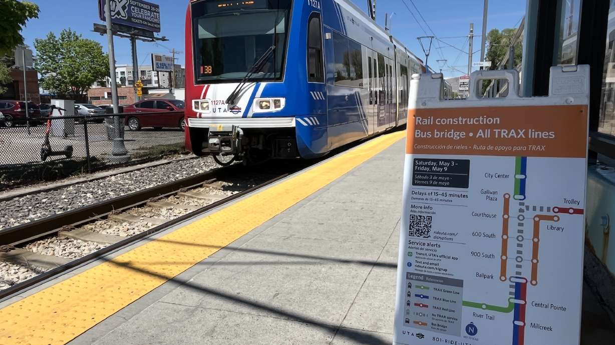 A TRAX sign warns riders about an upcoming rail construction project placed at Central Pointe Station in South Salt Lake on Tuesday. The project, near 500 South in Salt Lake City, will cause major TRAX delays for a week starting Saturday.