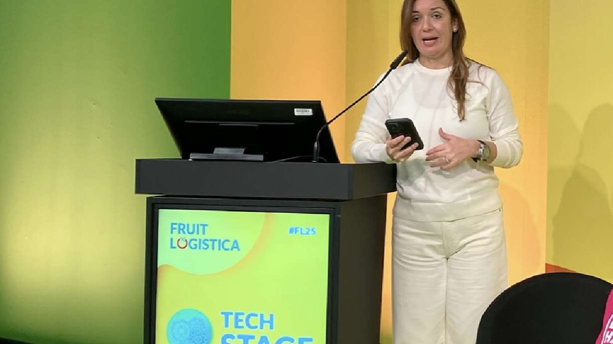 Global Women Fresh Founder Julie Escobar presents at international trade fair Fruit Logistica 2025 on Feb. 7 in Berlin. Global Women Fresh is an international community for women in produce working toward gender equity.