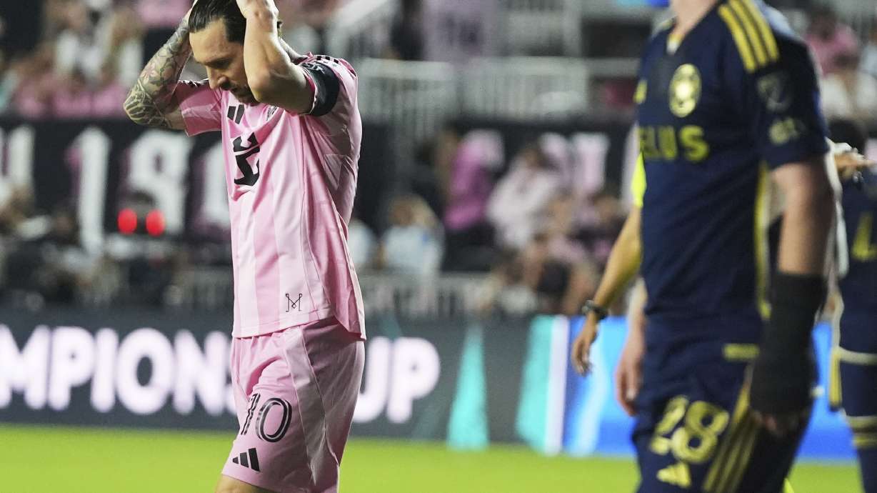 Inter Miami forward Lionel Messi (10) reacts after missing shot on the goal during the first half of a CONCACAF Champions Cup second-leg semifinal soccer match against the Vancouver Whitecaps, Wednesday, April 30, 2025, in Fort Lauderdale, Fla.