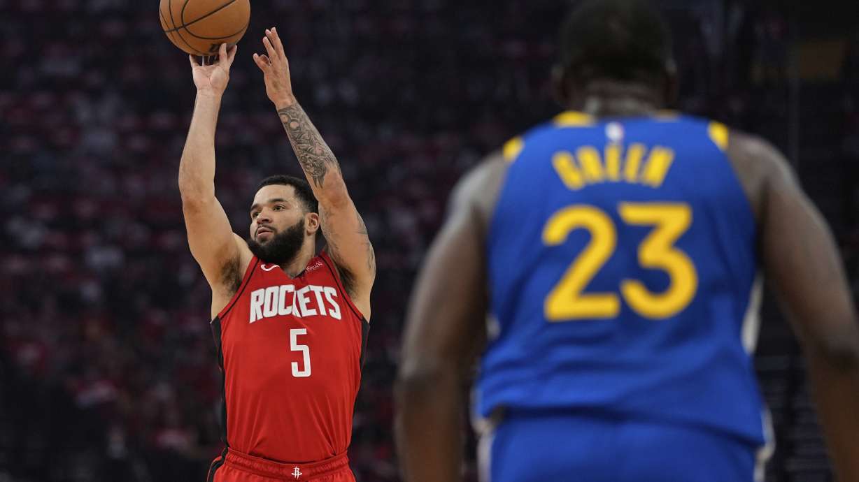 Houston Rockets guard Fred VanVleet (5) shoots against he Golden State Warriors during the first half of Game 5 of an NBA basketball first-round playoff series, Wednesday, April 30, 2025, in Houston.