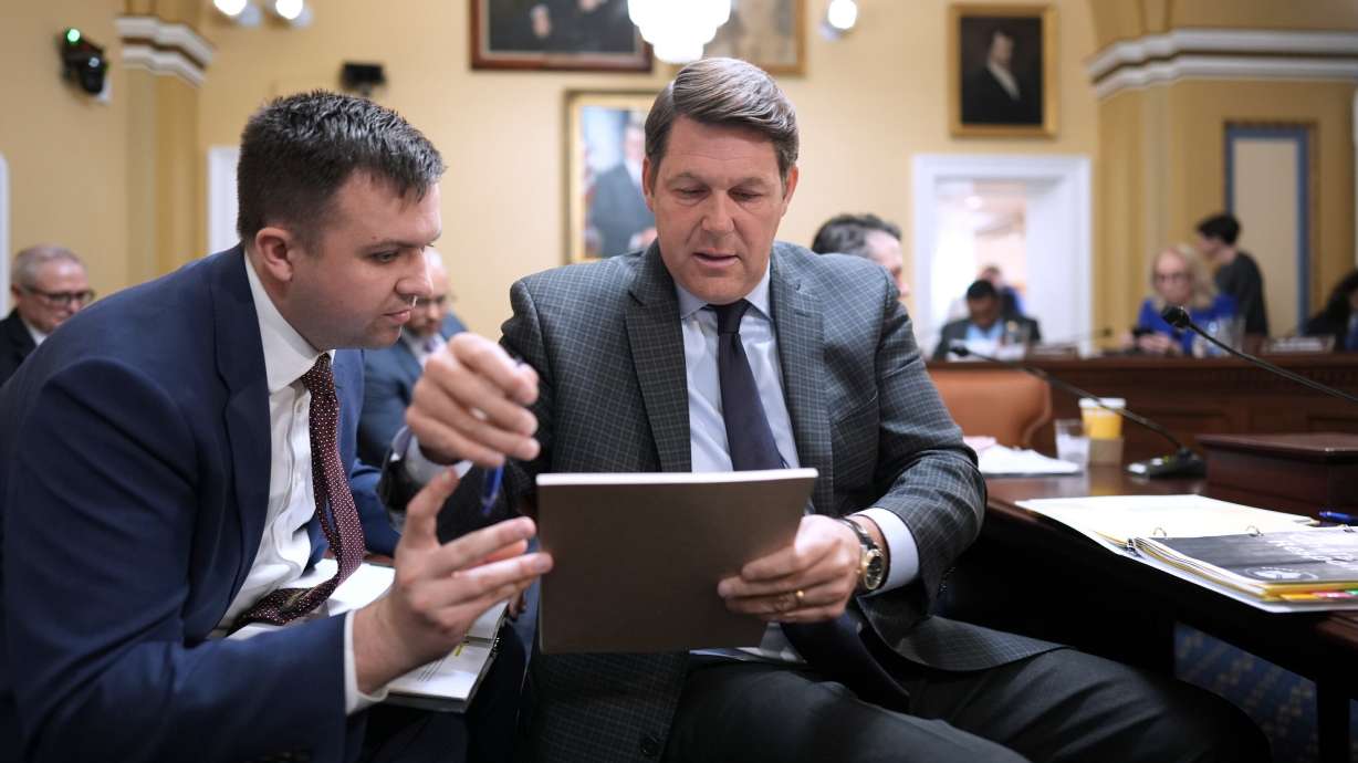House Budget Committee Chairman Jodey Arrington, R-Texas, right, talks with an aide at the Capitol in Washington, Wednesday, April 9. A Republican-led Congress with a focus on identifying significant spending cuts.