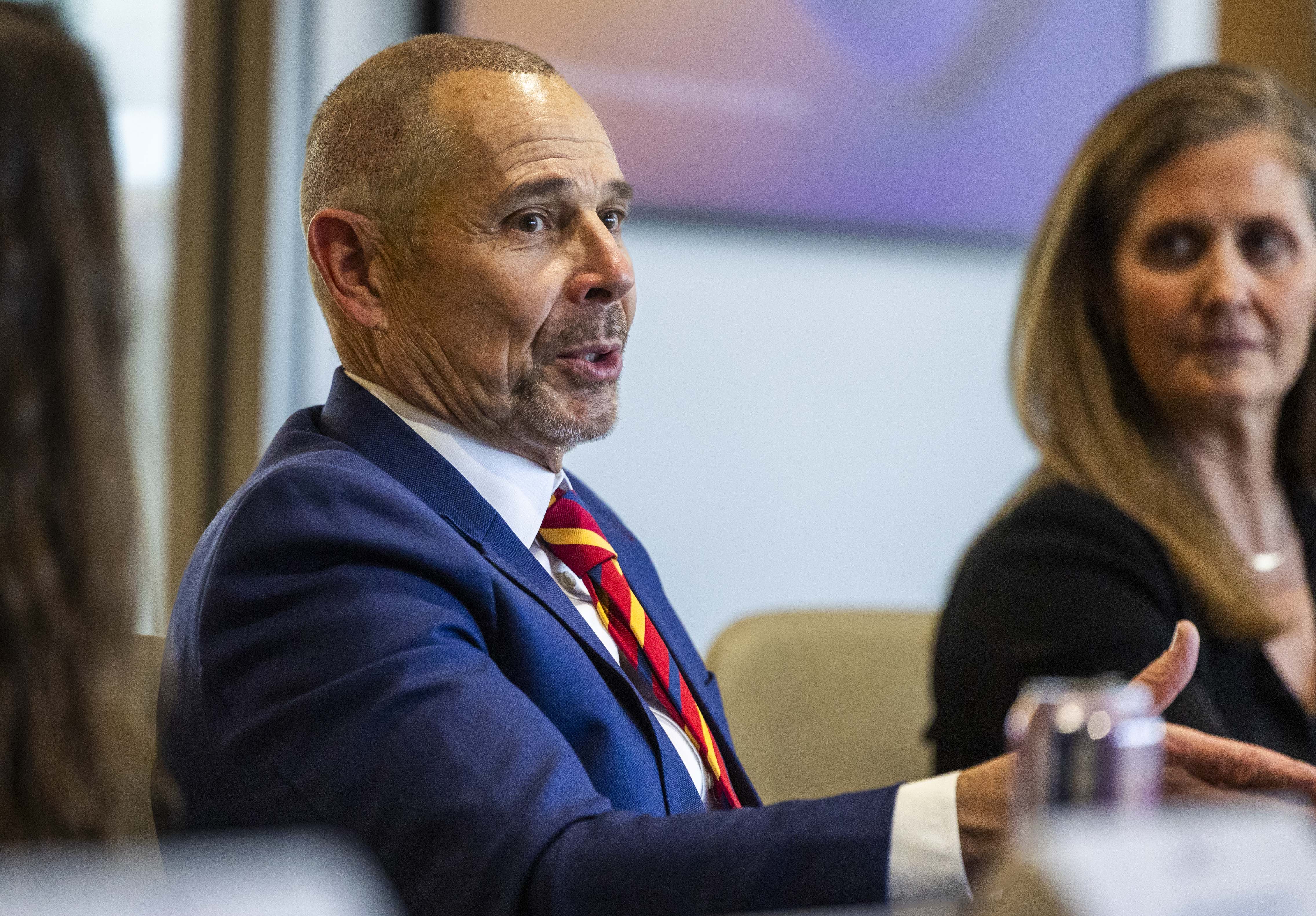 Sen. John Curtis, R-Utah, speaks at a roundtable discussion, “Powering Utah’s Economy: Boosting Energy Production, Manufacturing, and Workforce Development,” with participants from Utah energy producers, local officials and business groups in Salt Lake City on April 25.