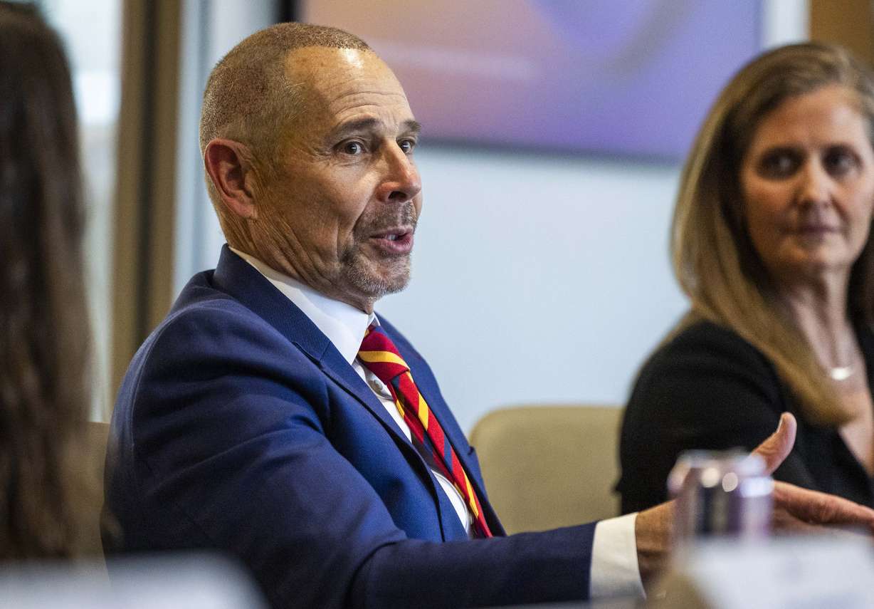 Sen. John Curtis, R-Utah, speaks at a roundtable discussion, “Powering Utah’s Economy: Boosting Energy Production, Manufacturing, and Workforce Development,” with participants from Utah energy producers, local officials and business groups in Salt Lake City on April 25.