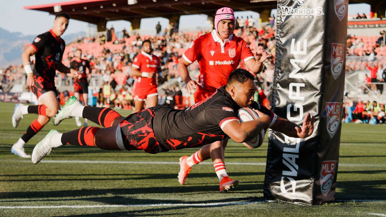 D'Angelo Leuila scorees a try during the Utah Warriors' 38-31 win over the San Diego Legion in a Major League Rugby match, Wednesday, April 30, 2025 at Zions Bank Stadium in Herriman, Utah.