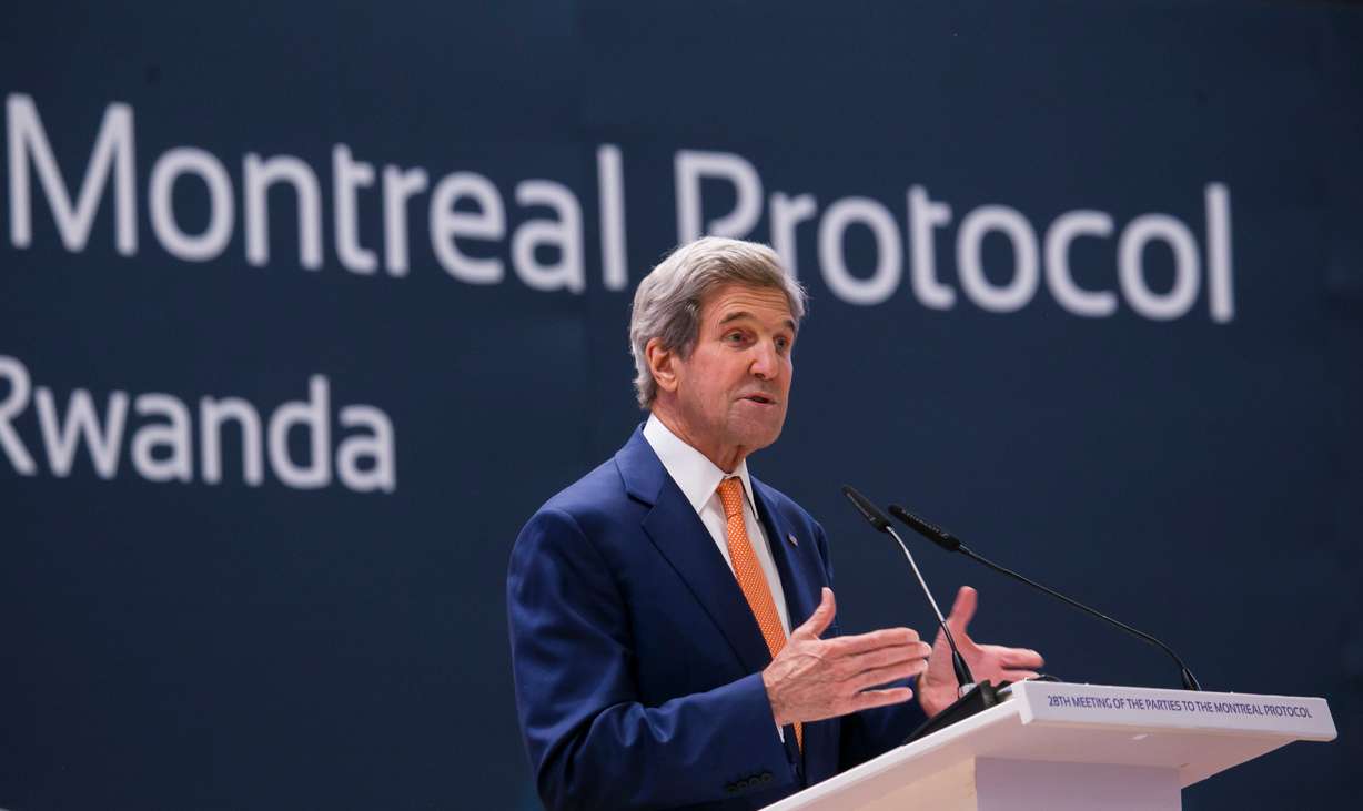 Then-Secretary of State John Kerry delivers a speech to the 28th Meeting of the Parties to the Montreal Protocol on Substances that Deplete the Ozone Layer, in Kigali, Rwanda, Oct. 14, 2016.
