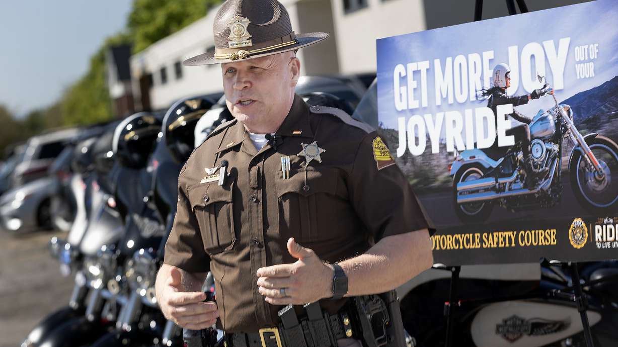Utah Highway Patrol Lt. Cameron Roden speaks about motorcycle safety at Turn and Learn in West Jordan on Thursday.