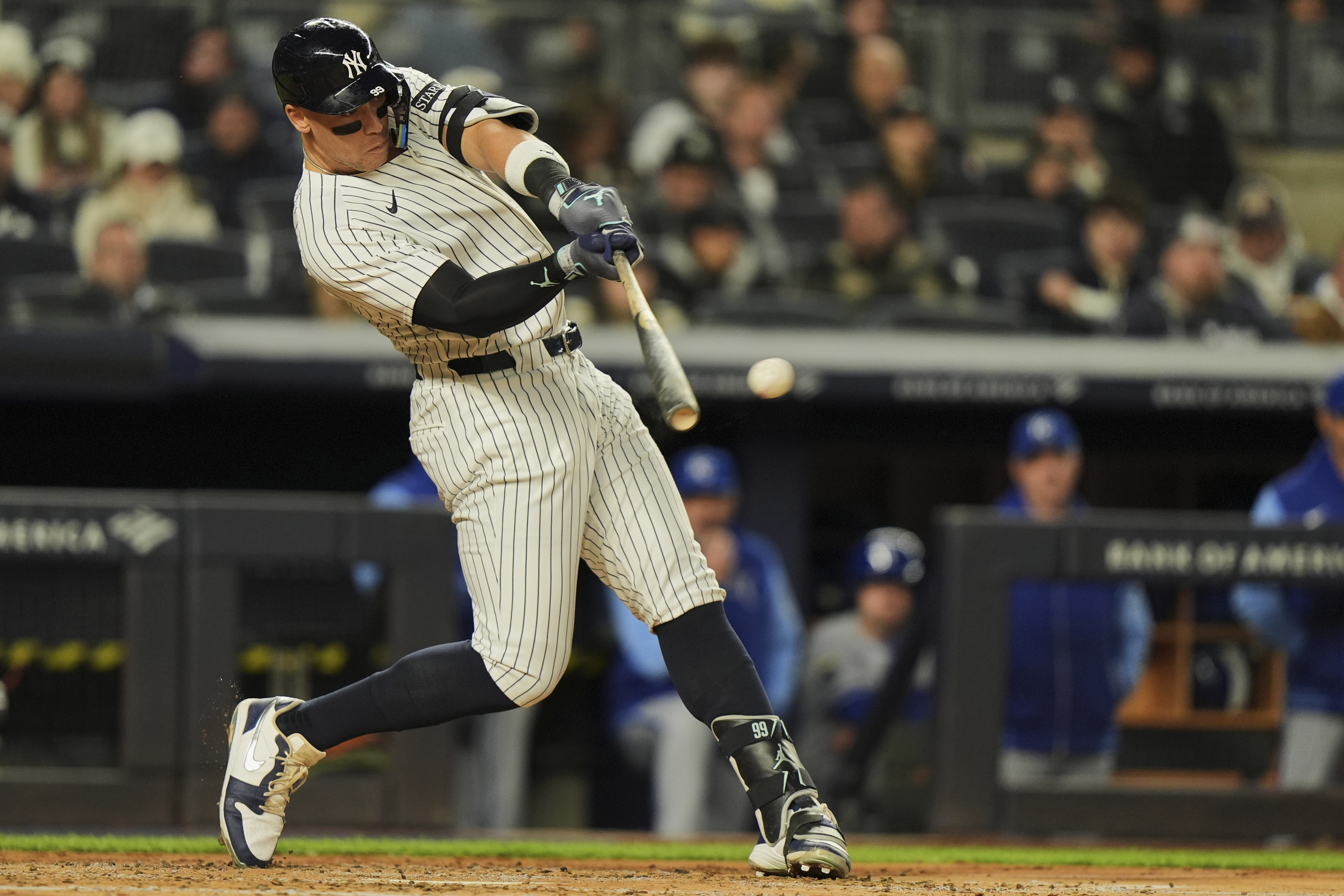 New York Yankees' Aaron Judge hits a double during the third inning of a baseball game against the Kansas City Royals Wednesday, April 16, 2025, in New York.