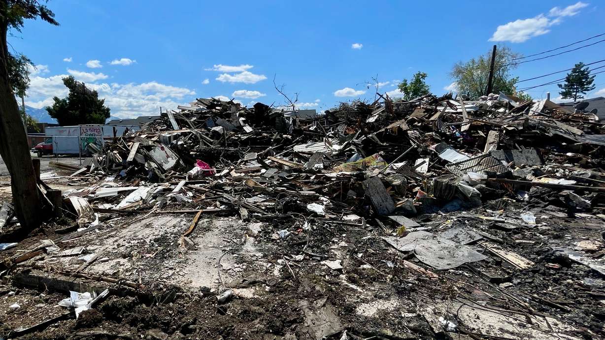 The rubble of La Rana Snacks in Salt Lake City on Thursday following the blaze on Tuesday that destroyed the business.