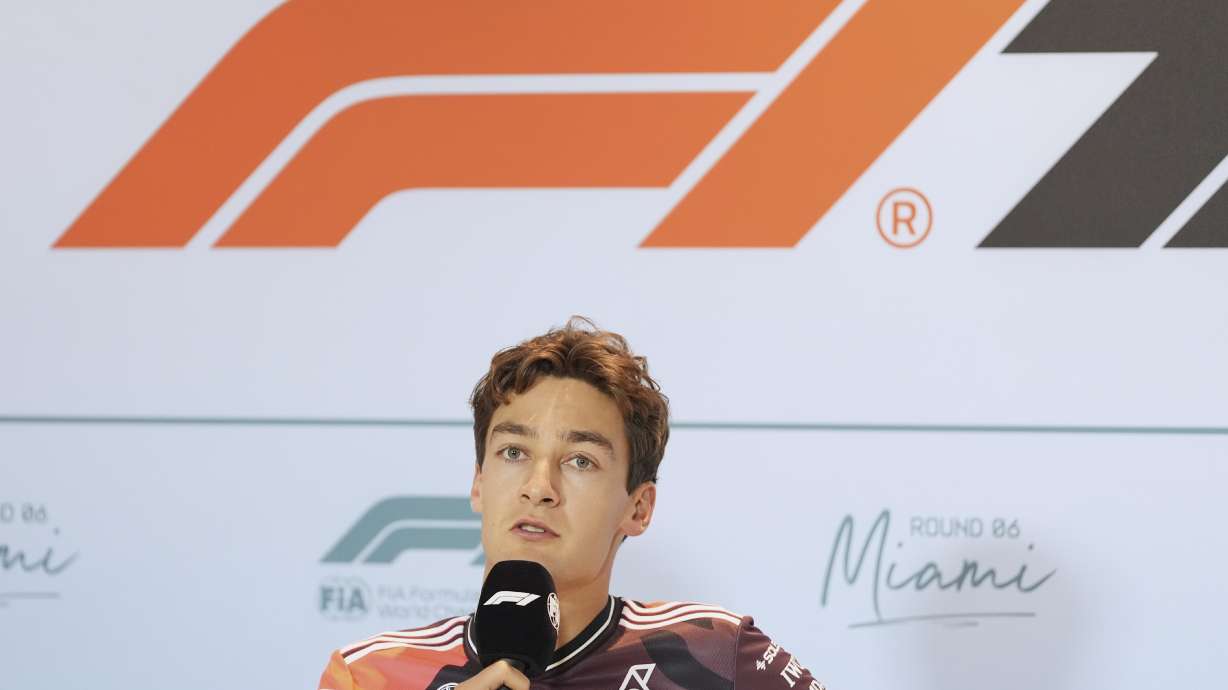 Mercedes driver George Russell, of Britain, participates in a drivers' press conference ahead of the Formula One Miami Grand Prix auto race, Thursday, May 1, 2025, in Miami Gardens, Fla.