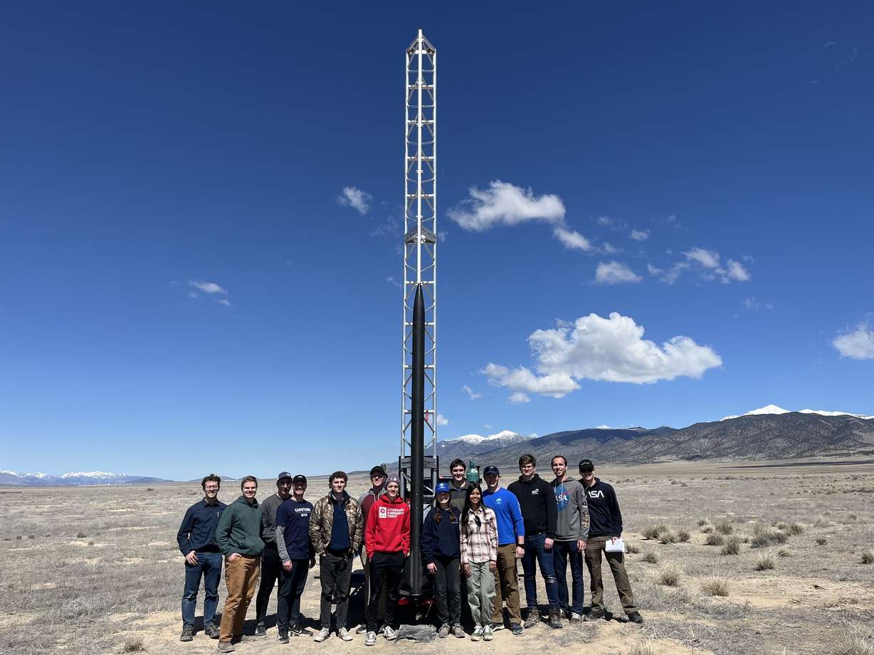 BYU Rocketry Club members assemble the launch trailer and hybrid motor rocket for a test launch on April 5 in Tooele.