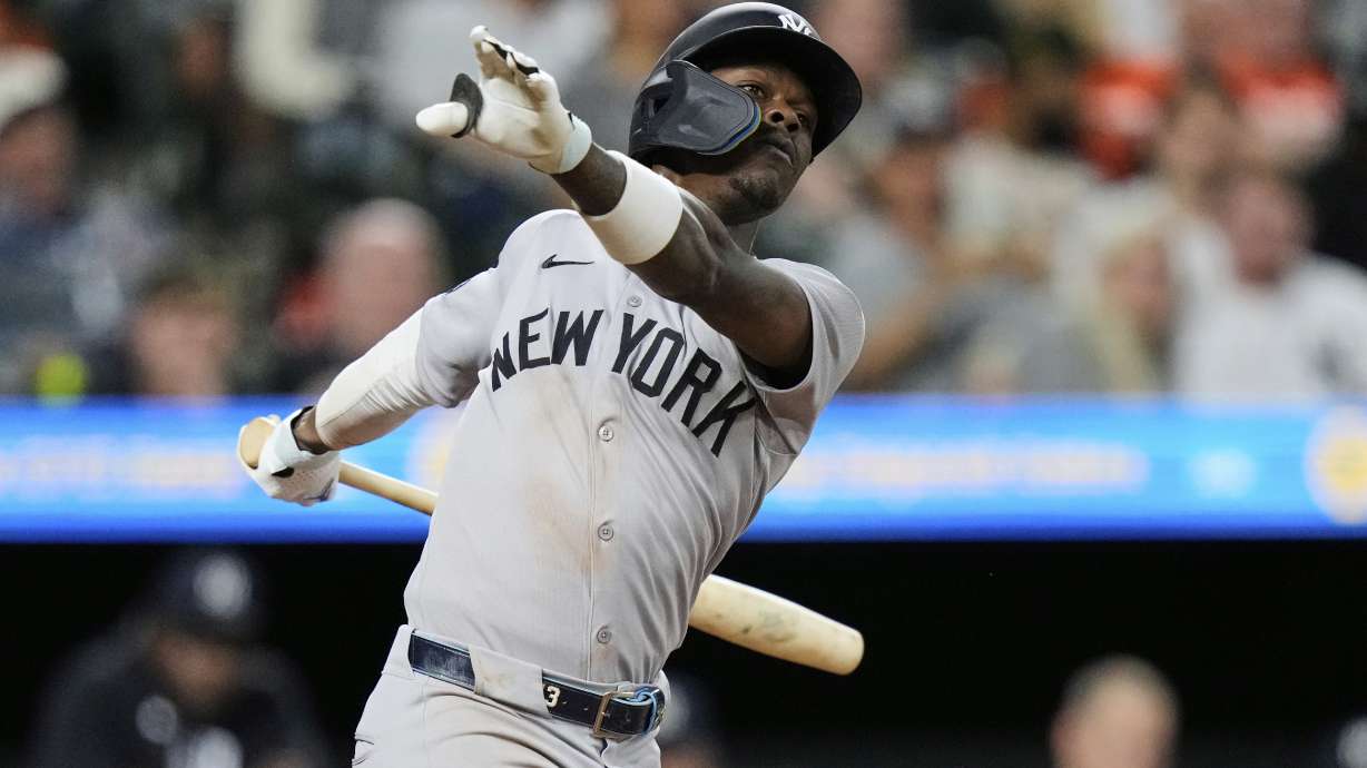 New York Yankees' Jazz Chisholm Jr. strikes out swinging during the sixth inning of a baseball game against the Baltimore Orioles, Monday, April 28, 2025, in Baltimore.