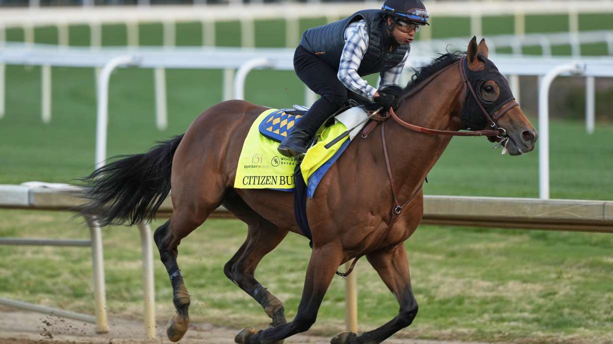 Kentucky Derby entrant Citizen Bull works out at Churchill Downs Monday, April 28, 2025, in Louisville, Ky.