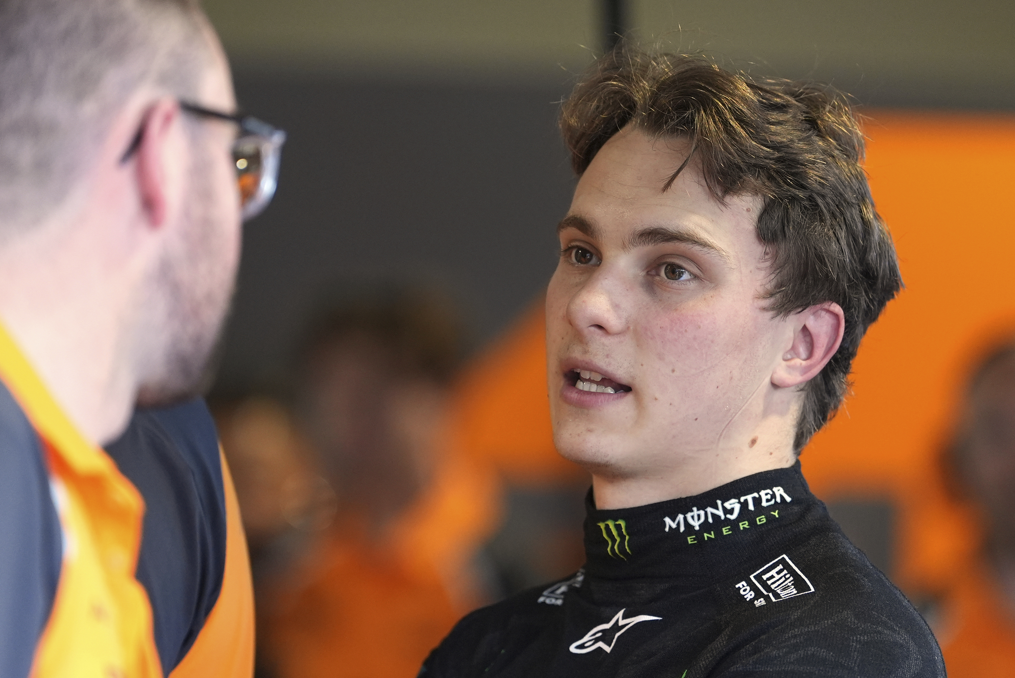McLaren driver Oscar Piastri of Australia talks with his team after a practice session for the Formula One Miami Grand Prix auto race, Friday, May 2, 2025, in Miami Gardens, Fla.