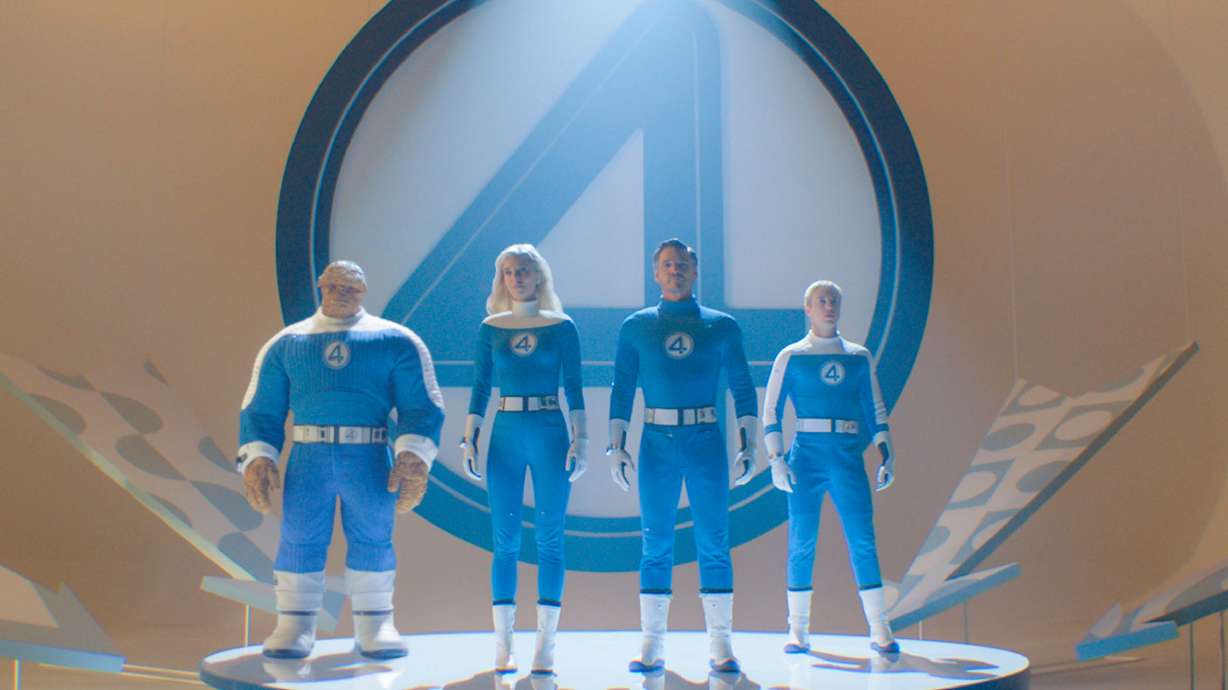 This image release by 20th Century Studios/Marvel Studios shows, from left, Ebon Moss-Bachrach as Ben Grimm/The Thing, Vanessa Kirby as Sue Storm/Invisible Woman, Pedro Pascal as Reed Richards/Mister Fantastic and Joseph Quinn as Johnny Storm/Human Torch, in a scene from "The Fantastic Four: First Steps."