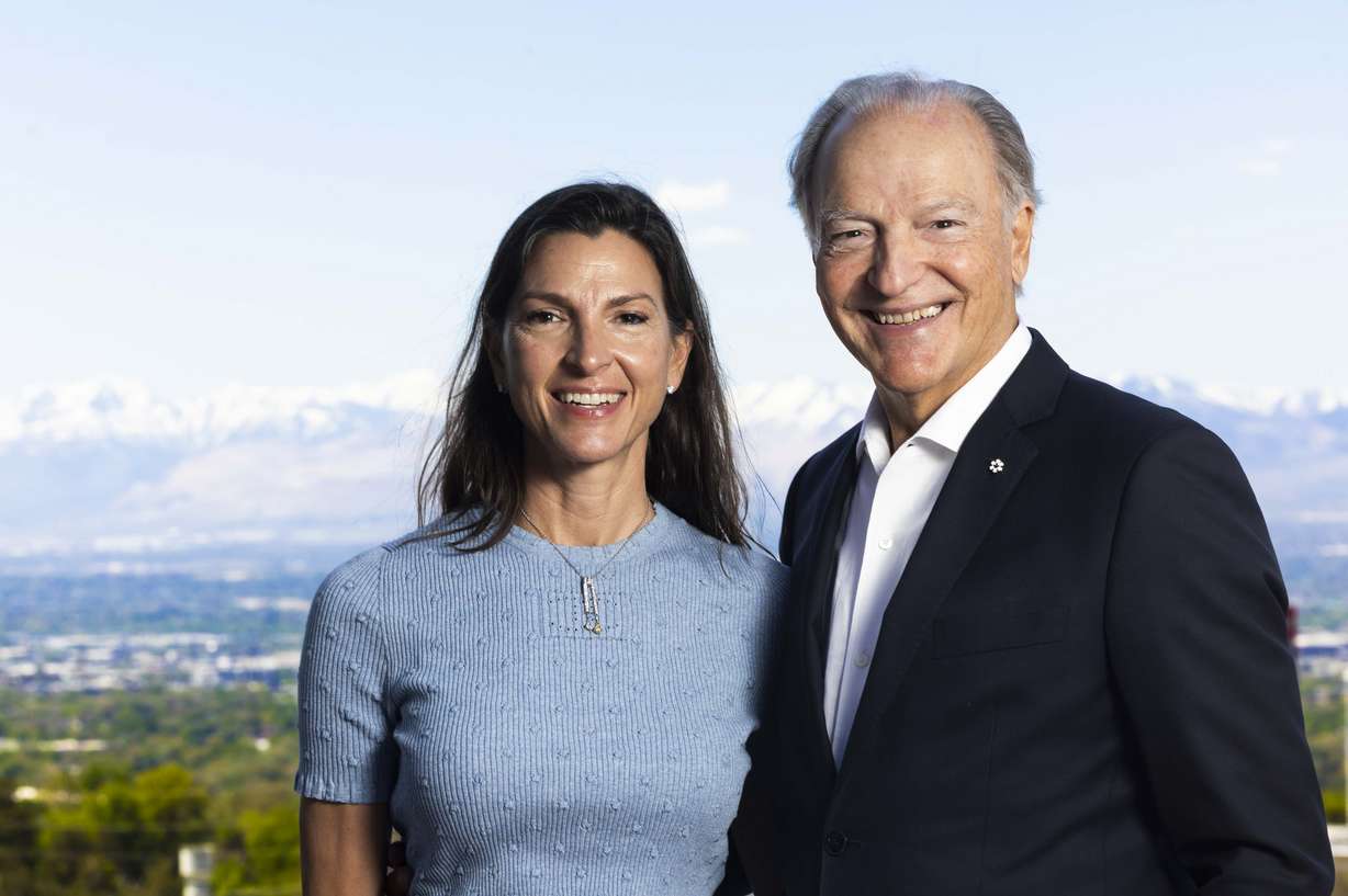 Pierre Lassonde and his daughter, Julie Lassonde, pose for a portrait after a ceremony celebrating a donation by their family of $25 million to the Lassonde Entrepreneur Institute in Salt Lake City on Friday.