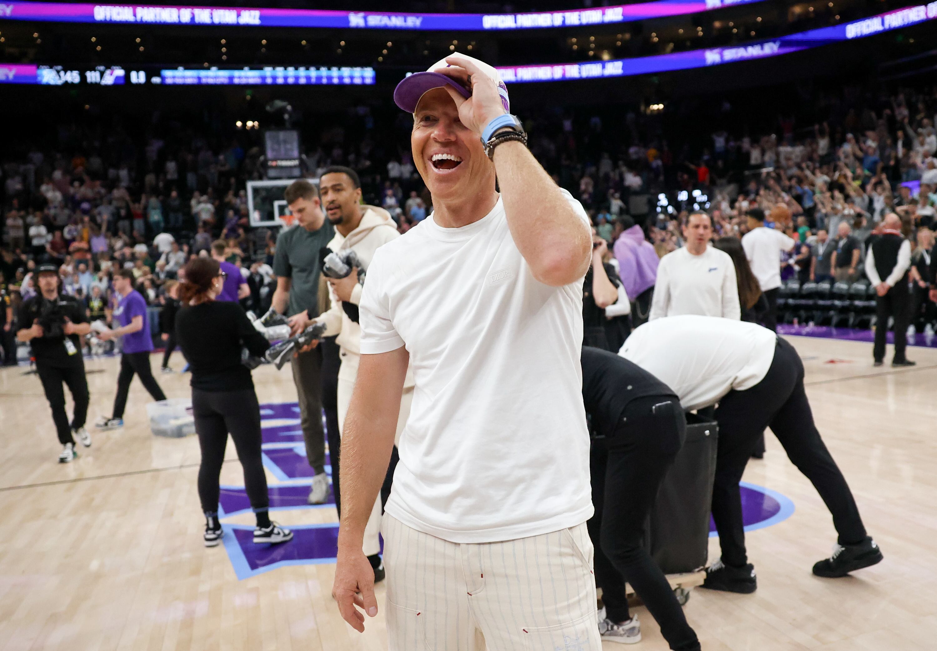 Utah Jazz owner Ryan Smith walks on the court after the Utah Jazz lost to the Oklahoma City Thunder in their final NBA home game of the season at the Delta Center in Salt Lake City on April 11. The Jazz lost 145-111.